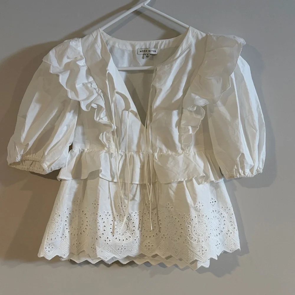 Moon River Puff Sleeve Eyelet Top with Front Ties - Picture 1 of 8